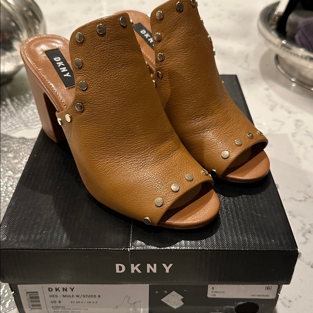 DKNY Tan Studded Open-Toe Mules